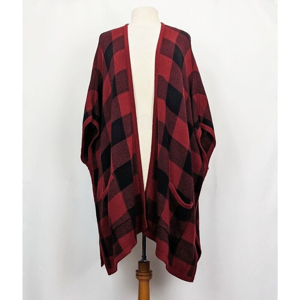 Denim & Co Poncho Sweater Red Black Jacquard Plaid Open Front Women's Missy Size